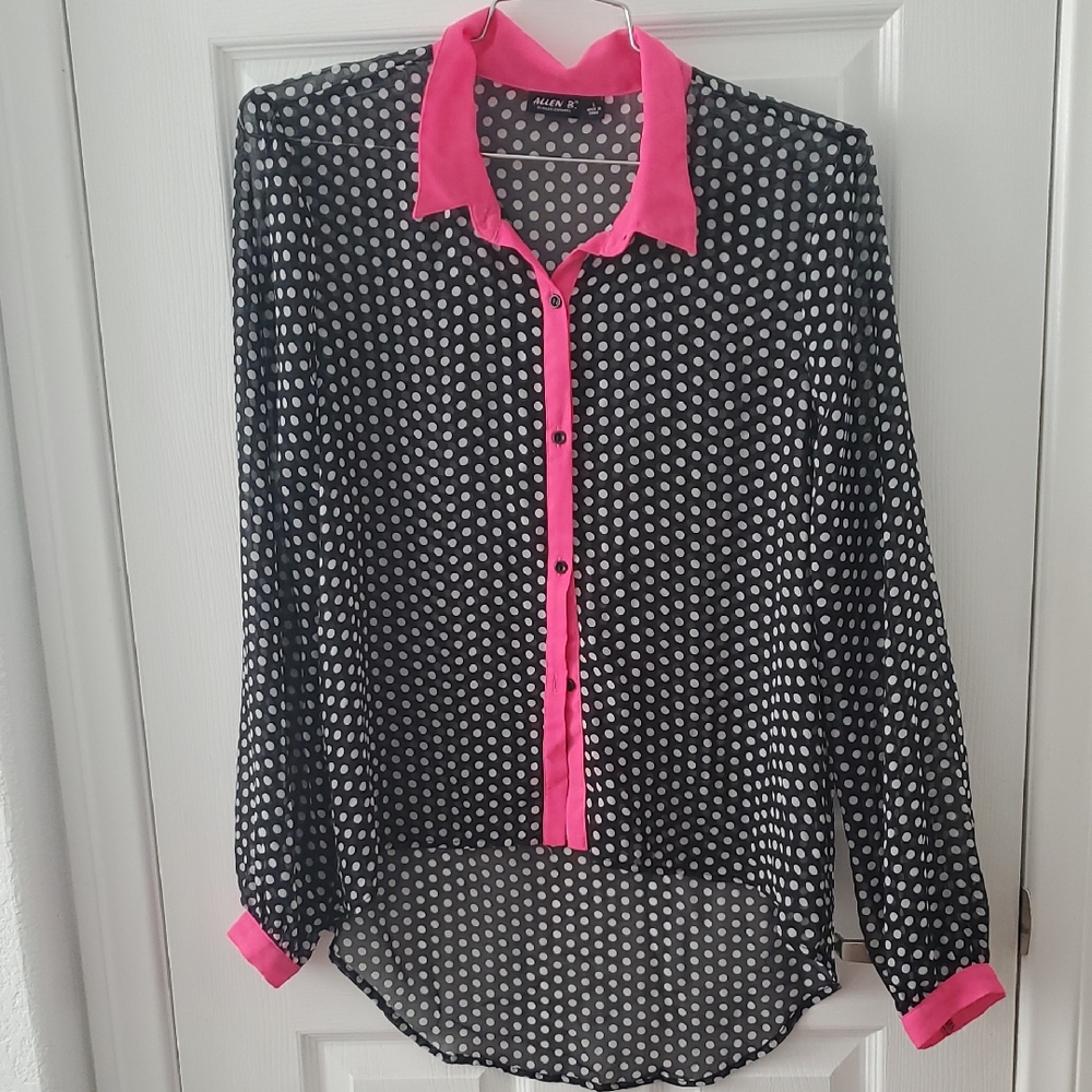 ALLEN B. Black and White Polka Dot Blouse with Pink Trim
